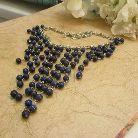 Etruscan Style Midnight Blue Silver Fringe Necklace Earrings Set Vintage - Picture 4 of 13